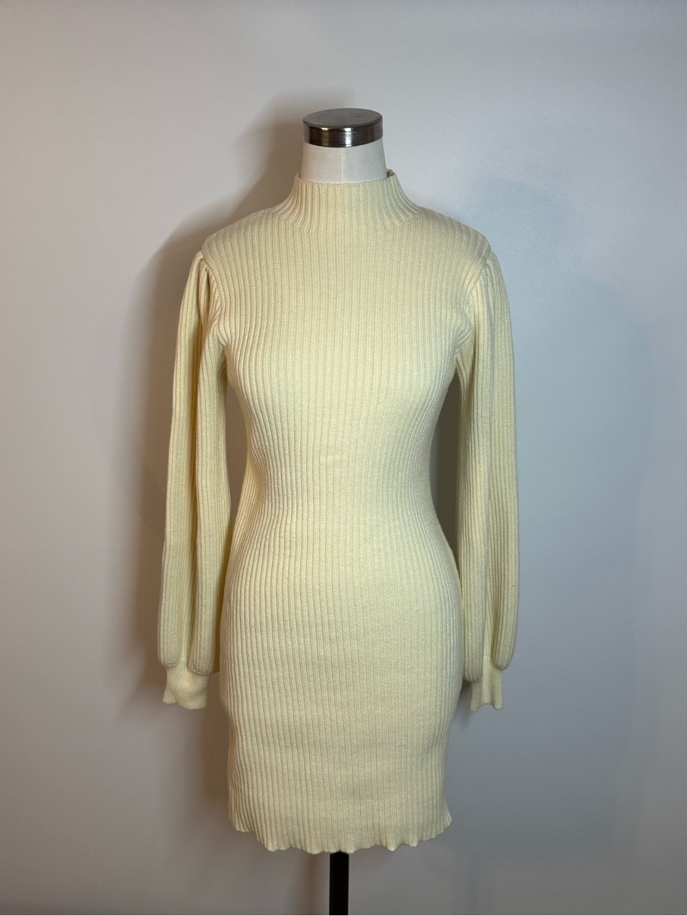 Cream Ribbed Long-Sleeve Mock Neck Dress